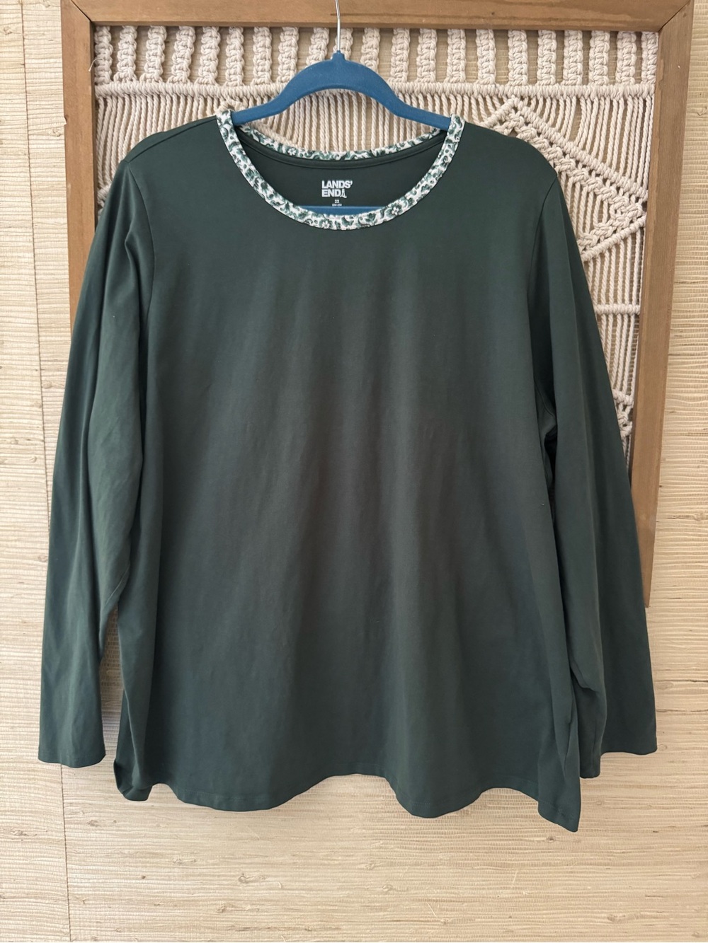 Lands' End Dark Green Long-Sleeve Crewneck Top with Printed Neck Trim